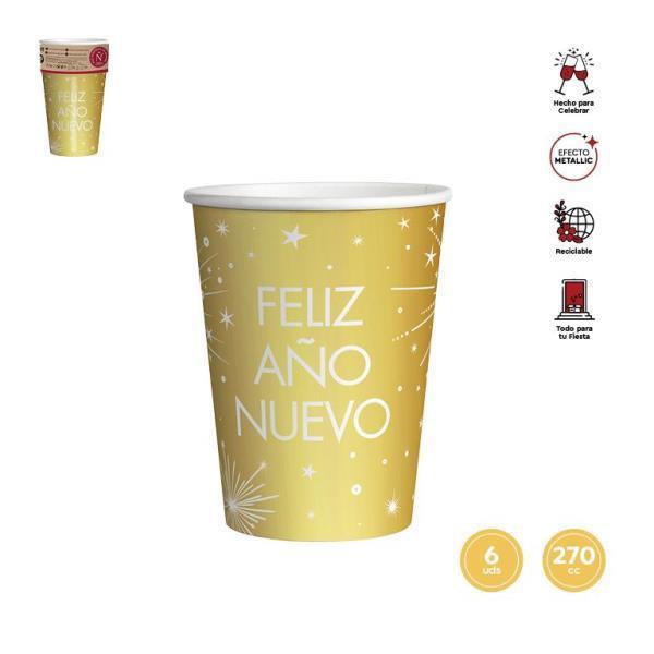 VASO CARTON 6U. 270CC DESTELLOS FELIZ AÑO ORO NAVIDAD al por Mayor ≫  Plasticosur